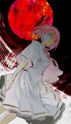 Rule 34 | 1girl, abstract background, aqua eyes, arms at sides, black sky, capelet, circle, cityscape, closed mouth, commentary, cowboy shot, dutch angle, empty eyes, glowing, glowing eyes, half-closed eyes, highres, kawachi rin, looking at viewer, medium hair, necktie, otonashi ayana, pink hair, railing, red necktie, rooftop, school uniform, shirt, sideways glance, skirt, sky, smile, solo, standing, subarashiki hibi, white capelet, white shirt, white skirt, wind, wind lift