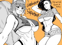 Rule 34 | 2girls, abs, absurdres, animal ears, arm behind head, bb (baalbuddy), blazblue, brazilian (nationality), breasts, choker, covered erect nipples, crop top, crossover, curvy, denim, denim shorts, english text, female focus, greyscale with colored background, highres, large breasts, laura matsuda, lips, long hair, looking at viewer, makoto nanaya, multiple girls, muscular, muscular female, navel, open mouth, orange background, revealing clothes, shorts, smile, squirrel ears, squirrel girl, squirrel tail, stomach, street fighter, street fighter v, tail, thong, trait connection, unbuttoned, underboob, whale tail (clothing), wide hips
