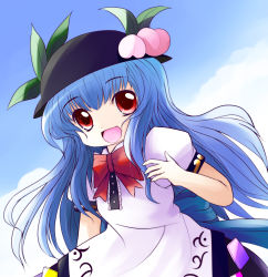 Rule 34 | 1girl, blue hair, female focus, hat, highres, hinanawi tenshi, long hair, looking at viewer, open mouth, red eyes, smile, solo, touhou, yume shokunin