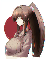 Rule 34 | 1girl, brown hair, brown sweater, circle, crossed arms, dated, faker ktd, flower, hair flower, hair ornament, hair scrunchie, highres, kantai collection, long hair, official alternate costume, ponytail, red eyes, ribbed sweater, scrunchie, solo, sweater, upper body, white background, white scrunchie, yamato (kancolle)