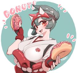 Rule 34 | 1girl, artist name, blush, breasts, doughnut, english text, food, food focus, fox mask, gloves, grey hair, half mask, highres, holding, holding food, japanese clothes, kimono, kiriko (overwatch), large breasts, looking at viewer, mask, open mouth, overwatch, overwatch 2, red eyes, red gloves, round teeth, smile, solo, teeth, upper body, white kimono, yabby