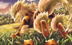 Rule 34 | arcanine, blurry, bright pupils, brown eyes, closed mouth, cloud, commentary request, creatures (company), evolutionary line, falling leaves, fangs, fangs out, game freak, gen 1 pokemon, grass, growlithe, leaf, looking back, matsuri (matsuike), nintendo, outdoors, pokemon, pokemon (creature), pov, running, sky, twilight, white pupils