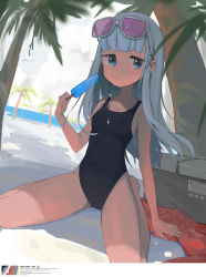 Rule 34 | 1girl, absurdres, aharen-san wa hakarenai, aharen reina, azaz008, beach, black one-piece swimsuit, blue eyes, blue hair, blunt bangs, breasts, eyewear on head, food, highres, looking at viewer, one-piece swimsuit, palm tree, popsicle, red-tinted eyewear, shade, sitting, small breasts, solo, sunglasses, swimsuit, tinted eyewear, tree, wariza