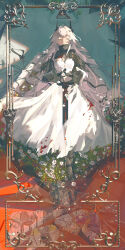 Rule 34 | 1girl, absurdly long hair, absurdres, amiya (arknights), arknights, black dress, blood, blood on clothes, border, cleavage cutout, closed eyes, closed mouth, clothing cutout, collared dress, doctor (arknights), dress, facing viewer, flower, full body, glass, highres, holding, holding sword, holding weapon, horns, inset border, kal&#039;tsit (arknights), long dress, long hair, long sleeves, lying, on back, ornate border, own hands together, shattered, sleeping, smile, solo focus, sword, theresis (arknights), toto (caaaaarrot), two-tone dress, very long hair, w (arknights), wavy hair, weapon, white dress, white flower, white hair