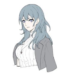 Rule 34 | 1girl, alternate costume, blue eyes, blue hair, breasts, byleth (female) (fire emblem), byleth (fire emblem), clovisxvii, coat, fire emblem, fire emblem: three houses, highres, jewelry, looking at viewer, medium breasts, medium hair, necklace, nintendo, ribbed sweater, simple background, solo, sweater, turtleneck, turtleneck sweater, unfinished, upper body, white background