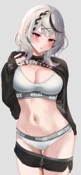 Rule 34 | 1girl, absurdres, ajirou, black hair, black shirt, black shorts, blush, bra, braid, breasts, cleavage, clothes lift, clothes pull, cowboy shot, ear piercing, grey hair, hair ornament, highres, hololive, large breasts, long sleeves, looking at viewer, multicolored hair, nail polish, navel, panties, parted lips, piercing, red eyes, red nails, sakamata chloe, shirt, shirt lift, short shorts, shorts, shorts pull, simple background, sleeves past wrists, solo, standing, steam, stomach, streaked hair, underwear, virtual youtuber, white background, white bra, white panties, x hair ornament