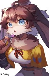 Rule 34 | 1girl, :o, blue eyes, body fur, brown hair, candy, female focus, food, furry, furry female, gilmang, holding, holding candy, holding food, lollipop, lop (star wars), rabbit ears, simple background, solo, star wars, star wars: visions, thick eyebrows, twitter username, white background