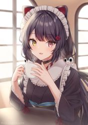 Rule 34 | 1girl, animal collar, animal ears, brown hair, brown kimono, cafe, cerberus, collar, commentary, cup, fangs, hair ornament, heterochromia, highres, holding, holding cup, inui toko, japanese clothes, kimono, long hair, low twintails, maid, maid headdress, nijisanji, red eyes, red ribbon, ribbon, sakunagita, smile, solo, sunlight, table, twintails, virtual youtuber, wa maid, window, yellow eyes