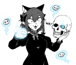 Rule 34 | 1girl, :3, animal ears, aqua theme, bow, breasts, cat ears, dress, extra ears, fang, formicid, greyscale, hair bow, holding, holding skull, kaenbyou rin, long sleeves, medium breasts, medium hair, monochrome, open mouth, pointy ears, ribbon, sans (undertale), simple background, skull, touhou, white background