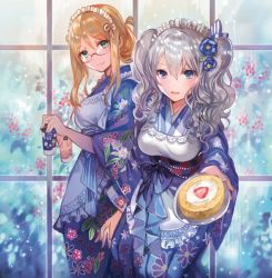 Rule 34 | 10s, 2girls, alternate costume, apron, beads, blonde hair, blue bow, blue eyes, blurry, blush, bow, breasts, cake, closed mouth, cup, disposable cup, enmaided, floral print, flower, folded ponytail, food, glass, glasses, green eyes, grey hair, hair flower, hair ornament, hair over shoulder, holding, holding plate, indoors, japanese clothes, kantai collection, kashima (kancolle), katori (kancolle), kimono, lace-trimmed apron, lace trim, leaning forward, long hair, long sleeves, looking at viewer, maid, maid apron, maid headdress, medium breasts, multiple girls, obi, plant, plate, print kimono, rimless eyewear, rioka (southern blue sky), sash, sidelocks, smile, snowflake print, snowing, standing, striped, sweets, twintails, wa maid, wavy hair, white apron, wide sleeves, window