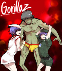 Rule 34 | 1boy, 2girls, black hair, cross, cross necklace, cyborg noodle, gorillaz, hat, inverted cross, multiple girls, murdoc niccals, noodle (gorillaz), purple hair, short hair, size difference, smile, ugly man