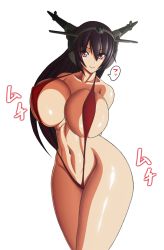 Rule 34 | 10s, 1girl, bikini, black hair, breasts, collarbone, curvy, female focus, headgear, huge breasts, kantai collection, long hair, looking at viewer, mo-frederick, nagato (kancolle), navel, red bikini, red eyes, shiny skin, simple background, slingshot swimsuit, smile, solo, standing, swimsuit, white background
