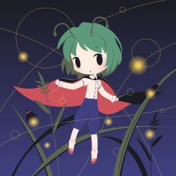Rule 34 | 1girl, antennae, black cape, blue pants, bug, cape, chibi, closed mouth, cobalta, dark background, full body, grass, green hair, herb, light particles, long sleeves, looking at viewer, pants, red footwear, shirt, short hair, simple background, socks, solid oval eyes, solo, touhou, white shirt, white socks, wriggle day, wriggle nightbug