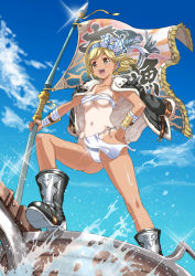 Rule 34 | &gt;:d, 10s, 1girl, :d, black footwear, blonde hair, blush, boots, breasts, cloud, collarbone, day, djeeta (granblue fantasy), flag, fundoshi, fur trim, glint, granblue fantasy, groin, hair ribbon, hand on own hip, highres, holding, jacket, jacket on shoulders, japanese clothes, loincloth, lovezawa, medium breasts, navel, one-piece tan, open mouth, outdoors, outstretched arm, panties, ribbon, sarashi, short hair, side-tie panties, sky, smile, solo, sparkle, standing, swept bangs, tan, tanline, underwear, v-shaped eyebrows, water, wind, yellow eyes