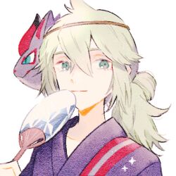 1boy black_kimono character_mask creatures_(company) game_freak green_eyes green_hair hand_fan holding holding_paddle japanese_clothes kimono long_hair looking_at_viewer lowres male_focus mask mask_on_head n_(pokemon) n_(summer_2022)_(pokemon) nintendo official_alternate_costume paddle pokemon pokemon_masters_ex ryokuno_green simple_background smile solo upper_body white_background