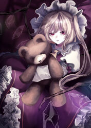 Rule 34 | 1girl, absurdres, blonde hair, crystal, dark background, dress, expressionless, flandre scarlet, highres, holding, holding stuffed toy, long hair, looking at viewer, medium hair, one side up, parted lips, petticoat, puffy short sleeves, puffy sleeves, purple background, red dress, red eyes, see-through, short sleeves, simple background, solo, stuffed animal, stuffed toy, t terano, teddy bear, touhou, wings