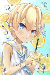 Rule 34 | 1boy, :3, bishounen, blonde hair, blue eyes, blush, bubble, cup, disposable cup, drink, drinking straw, food, fruit, hair between eyes, holding, holding cup, lemon, lemonade, looking at viewer, male focus, original, sailor collar, solo, takanoberii