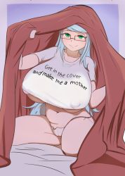 Rule 34 | 1girl, absurdres, aqua hair, areola slip, bed, bed sheet, breasts, clothes writing, coco (setawar), cropped shirt, english text, female focus, framed image, fuck-me shirt, glasses, green eyes, highres, huge breasts, lifting covers, lips, meme attire, no bra, original, panties, plump, purple background, seductive smile, sheet grab, shirt, smile, solo, t-shirt, under covers, underboob, underwear, white shirt
