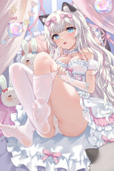 Rule 34 | 1girl, absurdres, animal ears, blue eyes, blush, bow, breasts, cat ears, cat girl, choker, cleavage, clothes pull, curtains, devil heavens, dress, frilled choker, frilled dress, frills, hair bow, highres, indoors, large breasts, long hair, looking at viewer, no shoes, off-shoulder dress, off shoulder, original, panties, pantyhose, pantyhose pull, pink bow, pink ribbon, ribbon, soles, solo, stuffed toy, underwear, virtual youtuber, white choker, white dress, white hair, white panties, white pantyhose