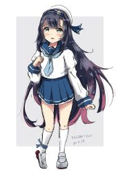 Rule 34 | 168admiral (sunflower), 1girl, black hair, blue neckerchief, blue sailor collar, blue skirt, commentary request, gloves, gradient hair, green eyes, hat, highres, kantai collection, kneehighs, loafers, long hair, long sleeves, matsuwa (kancolle), multicolored hair, neckerchief, one-hour drawing challenge, pleated skirt, purple hair, sailor collar, sailor hat, school uniform, serafuku, shoes, skirt, socks, solo, standing, white gloves, white socks