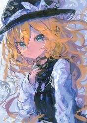 Rule 34 | 1girl, absurdres, black hat, black vest, blonde hair, blue eyes, bow, closed mouth, hair between eyes, hat, hat bow, highres, kaamin (mariarose753), kirisame marisa, long hair, long sleeves, shirt, solo, touhou, upper body, vest, white bow, white shirt, witch hat