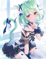 Rule 34 | 1girl, animal ear fluff, animal ears, bare shoulders, between legs, black dress, black ribbon, blue ribbon, bow, cat ears, cat girl, cat tail, collarbone, commentary request, curtains, detached collar, dot nose, dress, ear ribbon, frilled cuffs, frilled dress, frilled thighhighs, frills, garter straps, gothic lolita, green hair, hair ornament, hair ribbon, hakazenanato, hand between legs, hand up, highres, hololive, index finger raised, indoors, kemonomimi mode, lolita fashion, looking at viewer, low twintails, off-shoulder dress, off shoulder, red eyes, ribbon, see-through, seiza, short twintails, sitting, skull hair ornament, smile, solo, tail, tail ornament, tail ribbon, thighhighs, twintails, uruha rushia, uruha rushia (3rd costume), virtual youtuber, white thighhighs, window, wrist cuffs