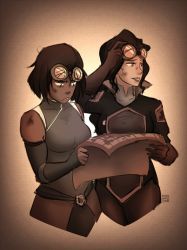 Rule 34 | 2girls, arm up, arm warmers, asami sato, avatar: the last airbender, avatar legends, bare shoulders, breasts, covered collarbone, dark-skinned female, dark skin, dirty, dirty face, female focus, gloves, goggles, goggles on head, holding, korra, lips, lipstick, long hair, looking down, looking to the side, makeup, map, medium breasts, multiple girls, overskirt, parted lips, shirt, short hair, skirt, sleeveless, sleeveless shirt, sleeveless turtleneck, the legend of korra, turtleneck