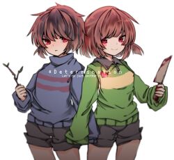 Rule 34 | 2others, black shorts, blood, blood on hands, bloody knife, blue sweater, blunt ends, brown hair, buttons, chara (undertale), circle facial mark, closed mouth, collared shirt, commentary request, dual persona, english text, fluffy hair, frisk (undertale), green sweater, highres, holding, holding knife, holding stick, joou heika (precare deum), knife, leaf, long sleeves, looking at another, multicolored clothes, multicolored sweater, multiple others, parted lips, pink sweater, red eyes, shirt, short hair, short shorts, shorts, sidelocks, smile, standing, stick, striped clothes, striped sweater, sweater, tearing up, turtleneck, turtleneck sweater, two-tone sweater, undertale, unusually open eyes, white background, yellow sweater