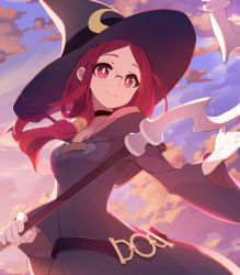 Rule 34 | 1girl, broom, chariot du nord, glasses, hat, highres, holding, holding broom, koshou shichimi, little witch academia, ponytail, red hair, rimless eyewear, robe, sky, solo, spoilers, ursula callistis, wide sleeves, witch, witch hat