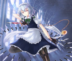 Rule 34 | 1girl, apron, bad id, bad pixiv id, between fingers, black pantyhose, braid, chain, dagger, fingerless gloves, gloves, hair ribbon, highres, holding, indoors, izayoi sakuya, knife, looking at viewer, maid headdress, pantyhose, parted lips, pocket watch, red eyes, reverse grip, ribbon, short hair, silver hair, skirt, skirt set, solo, standing, standing on one leg, thigh strap, touhou, tress ribbon, twin braids, waist apron, watch, weapon, window, zellam
