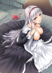 Rule 34 | 1girl, anna (sennen sensou aigis), blush, breasts, breasts out, breasts squeezed together, frills, hairband, large breasts, long hair, looking at viewer, maid, maid headdress, nipples, on bed, open mouth, red eyes, sennen sensou aigis, silver hair, sitting, smile, solo, yuru