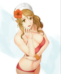 Rule 34 | 1girl, breasts, brown eyes, brown hair, cleavage, commentary request, flower, hair flower, hair ornament, hat, jewelry, kantai collection, kuroi ani, large breasts, littorio (kancolle), long hair, looking at viewer, open mouth, ponytail, simple background, smile, solo, swimsuit, wavy hair