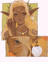 1girl artist_name blonde_hair closed_mouth commentary_request dark-skinned_female dark_skin dated facial_mark highres jewelry long_hair long_pointy_ears magatama magatama_necklace multiple_views necklace nintendo pisu_1107 pointy_ears simple_background sonia_(zelda) the_legend_of_zelda the_legend_of_zelda:_tears_of_the_kingdom wavy_hair white_background