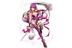 Rule 34 | 1girl, boots, breasts, brown hair, capelet, chain, cleavage, dahlia (flower knight girl), elbow gloves, fingerless gloves, flower knight girl, full body, gloves, holding, holding weapon, mole, mole on breast, monety, purple eyes, purple hair, scythe, single thighhigh, skin tight, smile, solo, thighhighs, transparent background, weapon