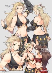 Rule 34 | 2girls, arms up, black dress, blonde hair, brown hair, butt crack, chain, dancer, dress, duplicate, english text, expressionless, feathers, ge-b, gold chain, green eyes, h&#039;aanit (octopath traveler), highres, holding hands, multiple girls, multiple views, no bangs, octopath traveler, octopath traveler i, ponytail, primrose azelhart, red dress, to be continued, yuri