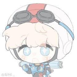 Rule 34 | + +, 1girl, animification, apex legends, armor, black bodysuit, blonde hair, blue eyes, bodysuit, breastplate, chibi, commentary, facial scar, goggles, goggles on headwear, haiping xian, helmet, official alternate costume, open mouth, scar, scar on cheek, scar on face, smile, solo, symbol-only commentary, upper body, wattson (apex legends), white background, white headwear, wired for speed wattson