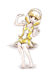 Rule 34 | 1girl, :d, adapted costume, barefoot, blonde hair, blunt bangs, brown eyes, cosplay, cure peace, cure peace (cosplay), double v, full body, hairband, invisible chair, kise yayoi, leaning to the side, long hair, looking at viewer, miniskirt, nita (onakatohoppe), open mouth, precure, shirt, simple background, sitting, sketch, skirt, sleeveless, sleeveless shirt, smile, smile precure!, solo, v, wet, white background, white hairband, yellow neckwear, yellow shirt, yellow skirt