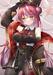 Rule 34 | 1girl, bare shoulders, blush, breasts, brooch, cleavage, closed mouth, collared shirt, cowboy shot, hair bun, hat, heterochromia, highres, holding, holding clothes, holding hat, hololive, houshou marine, houshou marine (marching band), impossible clothes, jewelry, kurana, large breasts, long hair, looking at viewer, multicolored hair, navel, red eyes, red hair, see-through, see-through cleavage, shirt, simple background, solo, streaked hair, two-tone hair, very long hair, virtual youtuber, white hair, yellow eyes