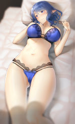 Rule 34 | 1girl, bare shoulders, bed, blue bra, blue eyes, blue hair, blue panties, blurry, blush, bra, breasts, commentary request, depth of field, elf, highres, large breasts, looking to the side, lying, navel, on back, original, pallad, panties, pillow, pointy ears, short hair, solo, underwear, underwear only