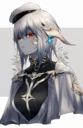 Rule 34 | 1girl, au ra, black shirt, blue hair, breasts, capelet, colored skin, colored tips, dragon girl, dragon horns, earrings, final fantasy, final fantasy xiv, frown, grey background, grey hair, grey skin, hair between eyes, hat, highres, horns, jewelry, looking at viewer, maho moco, medium breasts, medium hair, multicolored hair, red eyes, scales, shirt, simple background, solo, two-tone background, two-tone hair, warrior of light (ff14), white background, white capelet, white horns, white scales