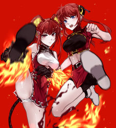Rule 34 | 2girls, animal ears, black footwear, blue eyes, china dress, chinese clothes, closed mouth, crossover, dress, expressionless, fire, framed breasts, gintama, highres, hinezumi (monster girl encyclopedia), incoming attack, incoming kick, jumping, kagura (gintama), kicking, look-alike, looking at viewer, monster girl, monster girl encyclopedia, mouse ears, mouse girl, mouse tail, multiple girls, navel, open mouth, red background, red dress, red eyes, red hair, red theme, short shorts, shorts, tail, white footwear, zakirsiz
