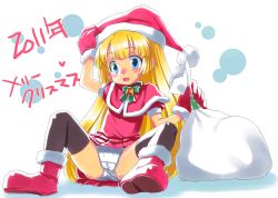 Rule 34 | 10s, 1girl, 2011, 20122, bag, bell, black thighhighs, blonde hair, blue eyes, blush, boots, bow, bowtie, cameltoe, capelet, dress, gloves, hand on headwear, hat, highres, long hair, looking at viewer, merry christmas, panties, pantyshot, red dress, red gloves, red skirt, rika-chan, rikavine, santa costume, santa gloves, sitting, skirt, solo, sweatdrop, tatata, thighhighs, translation request, underwear, white panties