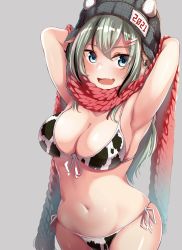 Rule 34 | 1girl, 2021, :d, absurdres, armpits, arms behind head, arms up, beanie, bikini, blue eyes, blush, breasts, chinese zodiac, cleavage, commentary request, cowboy shot, fang, front-tie bikini top, front-tie top, green hair, grey background, hair ornament, hairclip, hat, hayami yoichi, highres, large breasts, long hair, looking at viewer, navel, open mouth, original, print bikini, red scarf, ribbon, scarf, side-tie bikini bottom, simple background, skin fang, smile, solo, stomach, swimsuit, white ribbon, wide hips, year of the ox