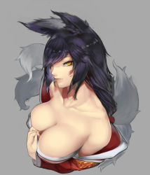Rule 34 | 1girl, ahri (league of legends), animal ears, bare shoulders, black hair, breasts, cleavage, fox ears, fox tail, grey background, highres, korean clothes, kumiko shiba, large breasts, league of legends, lips, long hair, looking at viewer, medium breasts, multiple tails, parted lips, simple background, solo, tail, upper body, yellow eyes