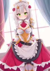 Rule 34 | 1girl, armor, armored dress, belt, boobplate, breastplate, breasts, commentary request, flower, gauntlets, genshin impact, green eyes, hair flower, hair ornament, highres, looking at viewer, maid, medium breasts, noelle (genshin impact), pauldrons, short hair, shoulder armor, silver hair, skirt, smile, solo, twitter username, window