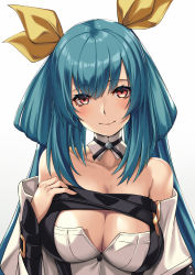 Rule 34 | 1girl, bare shoulders, blue hair, blush, breasts, cleavage, cleavage cutout, closed mouth, clothing cutout, collarbone, detached collar, detached sleeves, dizzy (guilty gear), guilty gear, guilty gear xrd, hair between eyes, hair ribbon, hand on own chest, highres, large breasts, long hair, long sleeves, looking at viewer, red eyes, ribbon, smile, solo, strapless, takanashi-a, twintails, upper body, very long hair, yellow ribbon