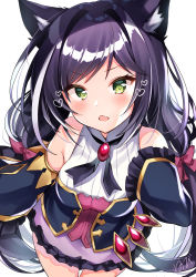 Rule 34 | 1girl, absurdres, animal ear fluff, animal ears, bare shoulders, black hair, black sleeves, blush, bow, breasts, cat ears, commentary request, detached sleeves, fang, frilled skirt, frills, hair bow, hand up, heart, highres, karyl (princess connect!), long hair, long sleeves, looking at viewer, low twintails, medium breasts, multicolored hair, nenobi (nenorium), open mouth, princess connect!, purple skirt, red bow, shirt, skirt, sleeveless, sleeveless shirt, sleeves past fingers, sleeves past wrists, solo, streaked hair, swept bangs, twintails, v-shaped eyebrows, very long hair, white hair, white shirt