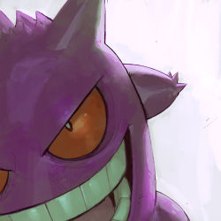 Rule 34 | bright pupils, brown eyes, colored sclera, creatures (company), game freak, garrett hanna, gen 1 pokemon, gengar, highres, looking at viewer, nintendo, no humans, open mouth, orange sclera, pokemon, pokemon (creature), solo, teeth, tongue, white background