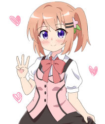 Rule 34 | 1girl, black skirt, blush, bow, brown hair, closed mouth, collared shirt, commentary request, gochuumon wa usagi desu ka?, hair ornament, hairclip, hand up, heart, hoto cocoa, kapuru 0410, looking at viewer, pink vest, puffy short sleeves, puffy sleeves, purple eyes, rabbit house uniform, red bow, shirt, short sleeves, side ponytail, simple background, skirt, smile, solo, uniform, vest, w, waitress, white background, white shirt