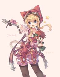 Rule 34 | 1girl, agate crosner, black pantyhose, blonde hair, blue eyes, blush, brown hair, character doll, character name, doll, eiyuu densetsu, falcom, gloves, goggles, goggles on head, hat, holding, holding doll, holding wrench, long hair, open mouth, overalls, pantyhose, pink shorts, rento (rukeai), shorts, sidelocks, simple background, smile, solo, sora no kiseki, star (symbol), tita russell, twitter username, wrench